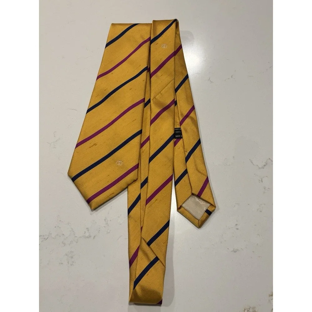 Vintage 100% Silk Gucci Striped Necktie Yellow Blue Purple Made In Italy
